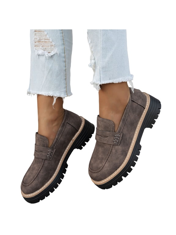 Women's Classic Slip on Loafers Walking Shoes 2026 Spring Fall Leather Mid Heel Chunky Oxfords Dress Mary Jane for Ladies Business Work Coffee Size 9