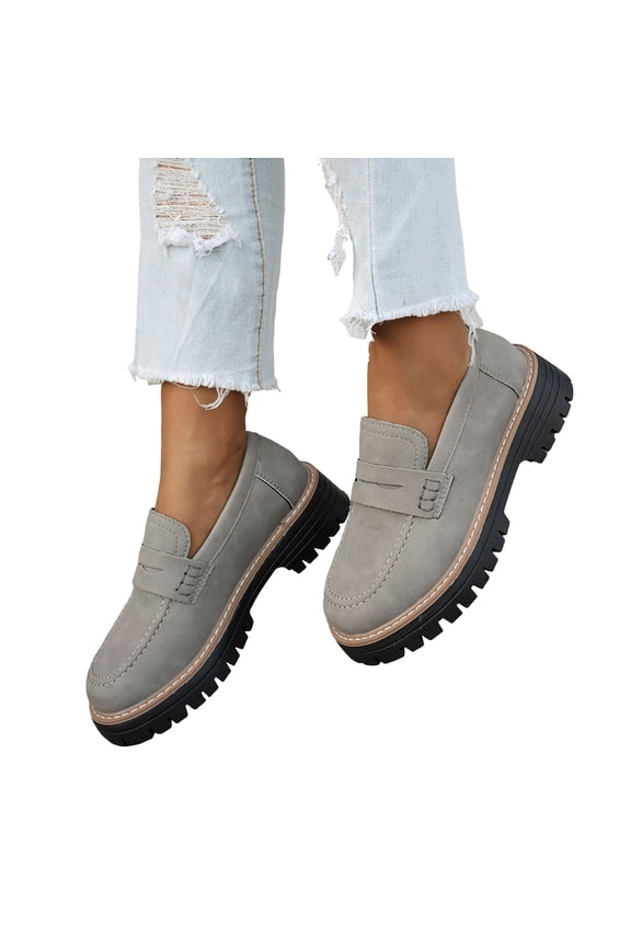 Women's Classic Slip on Loafers Walking Shoes 2026 Spring Fall Leather Mid Heel Chunky Oxfords Dress Mary Jane for Ladies Business Work Grey Size 8