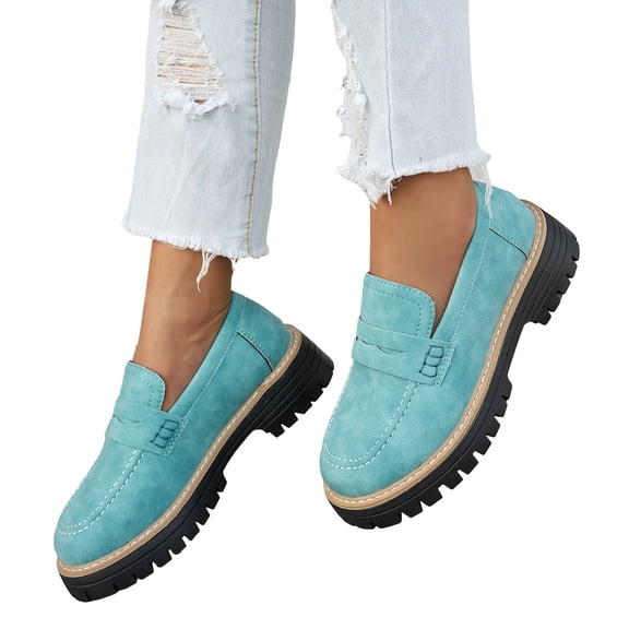 Rokment Women's Classic Slip on Loafers Walking Shoes 2026 Spring Fall Leather Mid Heel Chunky Oxfords Dress Mary Jane for Ladies Business Work Blue Size 6