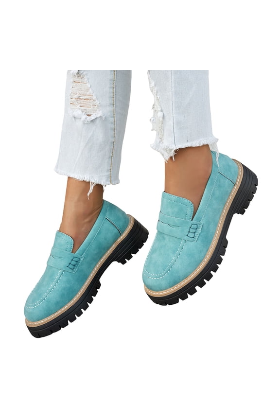 Women's Classic Slip on Loafers Walking Shoes 2026 Spring Fall Leather Mid Heel Chunky Oxfords Dress Mary Jane for Ladies Business Work Blue Size 6