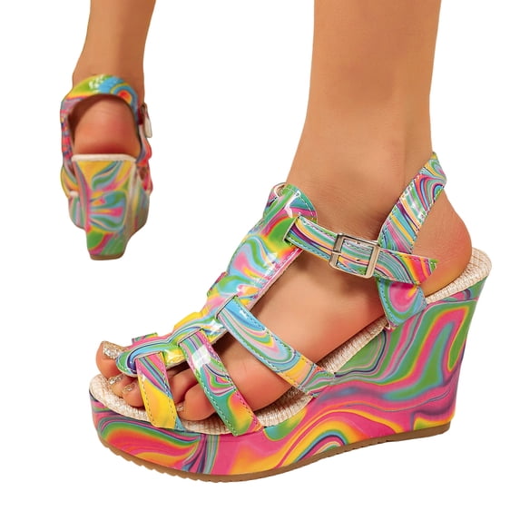 Rokment Women's Colorful Platform Wedge Dress Sandals 2026 Trendy Casual Leather Chunky High Heels Gladiator Summer Shoes for Beach Vacation B Size 7