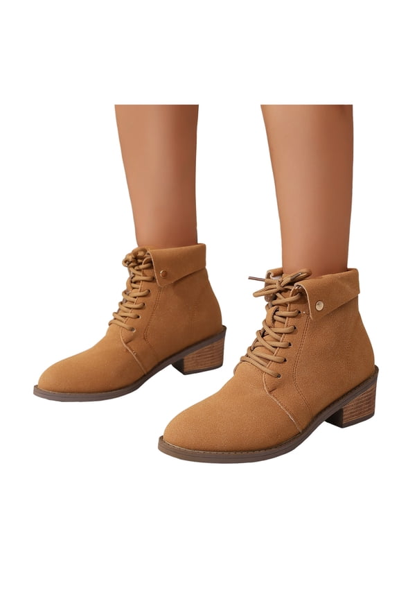 Women's Combat Dress Boots Fall Winter Fashion Suede Lace up Chunky Stackable Low Heel Short Ankle Booties for Women Ladies Brown Size 6.5