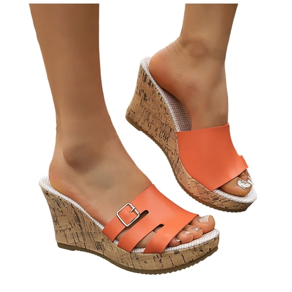 Rokment Women's Cork Footbed Wedge Dressy Slip on Sandals Fashion Casual Buckles Leather Platform Thick Sole Chunky High Heels Dress Summer Shoes for Ladies Orange Size 8