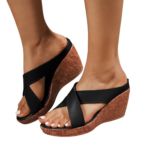 Rokment Women's Cork Footbed Wedges Dressy Slippers Sandals Stylish Casual Cross-Band Leather Platform Chunky Slip on High Heels Beach Summer Dress Slides Shoes Black Size 6