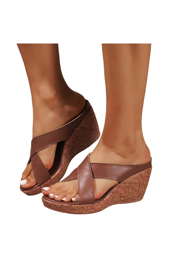 Women's Cork Footbed Wedges Dressy Slippers Sandals Stylish Casual Cross-Band Leather Platform Chunky Slip on High Heels Beach Summer Dress Slides Shoes Brown Size 7