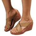 thumbnail image 1 of Rokment Women's Cork Footbed Wedges Dressy Slippers Sandals Stylish Casual Cross-Band Leather Platform Chunky Slip on High Heels Beach Summer Dress Slides Shoes Khaki Size 8.5, 1 of 7