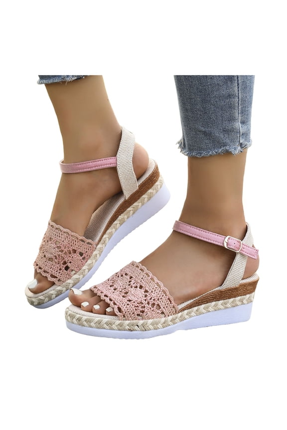 Women's Crochet Flower Platform Wedge Dress Sandals Beach Boho Fashion Casual Hollow out Espadrilles Chunky High Heel Summer Shoes Bride Wedding Red Size 9
