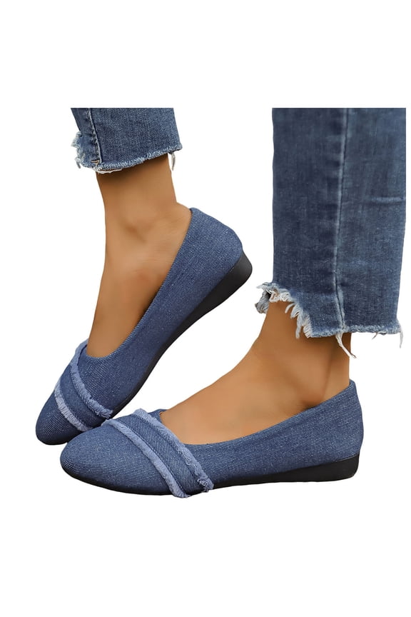 Women's Denim Ballet Flat Dress Shoes for Ladies 2026 Spring Fall Fashion Casual Fringe Pointed Toe Walking Flat Business Work Slip-on Loafers Blue Size 9
