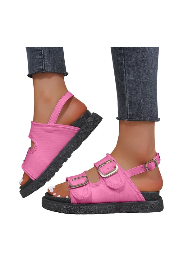 Women's Denim Platform Walking Sandals with Adjustable Back Straps Trendy Casual Double Buckles Wide Width Chunky Wedge Summer Shoes Beach Comfortable Hot Pink Size 8.5