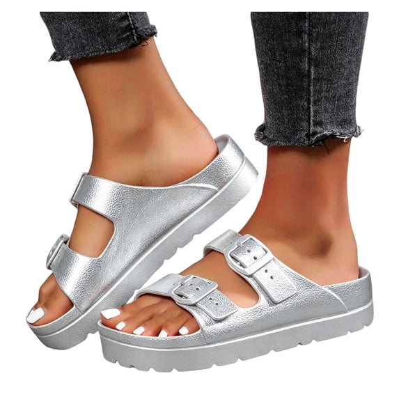 Rokment Women's Double Buckles Platform Slides Sandals Classic Casual Wide Width Open Toe Chunky Flat Comfortable Walking Slip on Slippers for Indoor Outdoor Waterproof Silver Size 6