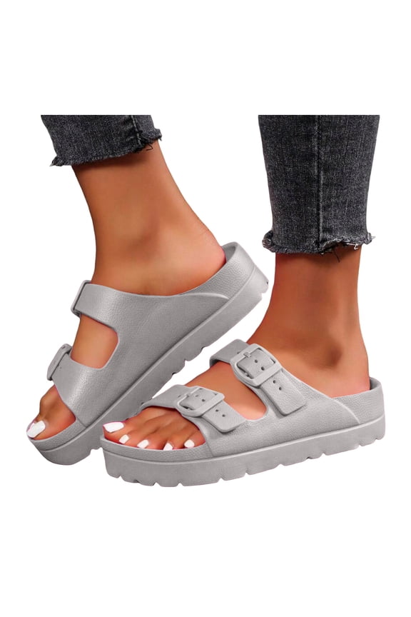 Women's Double Buckles Platform Slides Sandals Classic Casual Wide Width Open Toe Chunky Flat Comfortable Walking Slip on Slippers for Indoor Outdoor Waterproof Grey Size 8