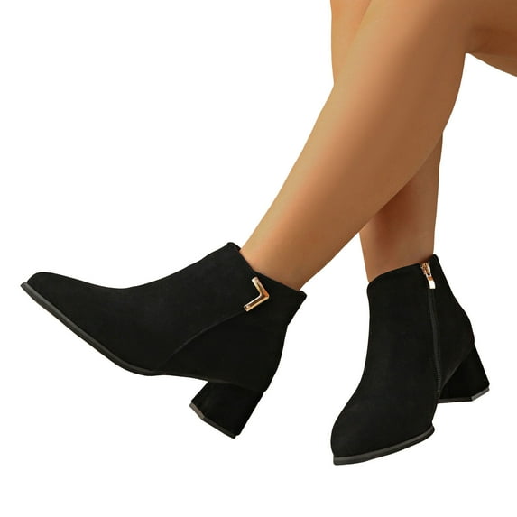 Rokment Women's Dress Boots For Ladies Fall Winter Fashion Leopard Leather Suede Pointed Toe Block High Heel Dressy Pumps Ankle Booties Black Size 6