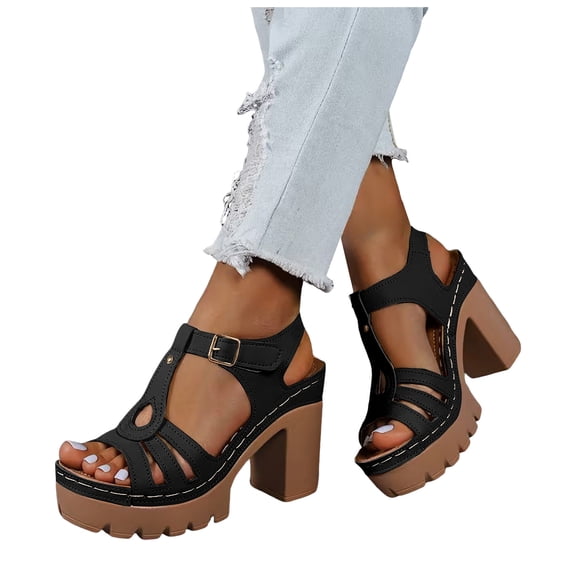Rokment Women's Dressy Sandals 2026 Fashion Casual Leather Hollow out T-Strap Platform Chunky Block High Heels Dress Pumps Comfortable Heeled Walking Summer Shoes for Ladies Black Size 6.5