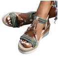 thumbnail image 1 of Rokment Women's Ethnic Beaded Platform Wedge Sandals Boho Beach Woven Open Toe Espadrilles Chunky High Heels Slingback Dressy Summer Shoes Light Blue Size 7, 1 of 6
