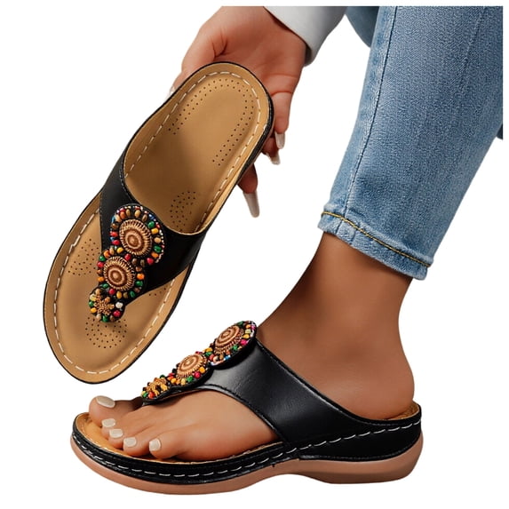 Rokment Women's Ethnic Bohemian Orthopedic Arch Support Dress Flip Flops Vintage Comfortable Leather Platform Wedge Mid Heels Walking Slip on Sandals for Wide Feet Beach Summer Black Size 6.5