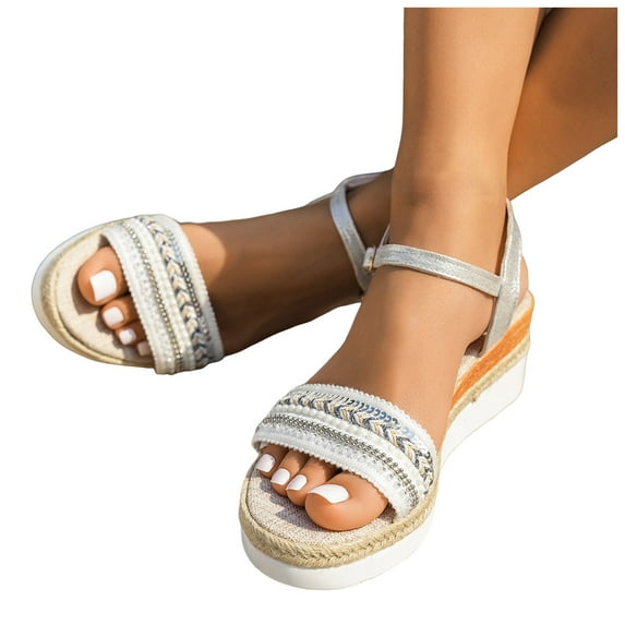 Rokment Women's Ethnic Espadrilles Platform Wedge Dress Sandals 2026 Beach Summer Boho Crochet Braided Open Toe Ankle Strap Memory Foam Chunky High Heels Bride Wedding White Size 8