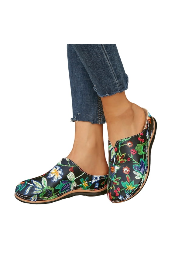 Women's Ethnic Vintage Flower Orthopedic Wedge Clogs Mules Boho Beach Floral Print Leather Closed Toe Arch Support Orthotic Dress Backless Sandals Summer Comfortable Walking Black Size 8