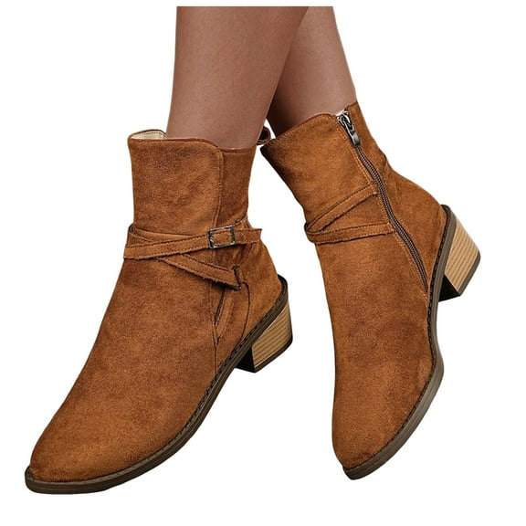 Rokment Women's Fall Winter Chelsea Boots Fashion Suede Pointed Toe Chunky Heel Strappy Mid Calf Dress Ankle Booties