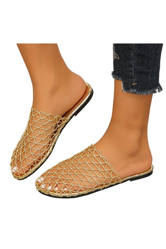 Women's Fishnet Mules Backless Dressy Sandals Stylish Casual Metallic Mesh Closed Toe Flat Summer Slip on Dress Slides Shoes Gold Size 9