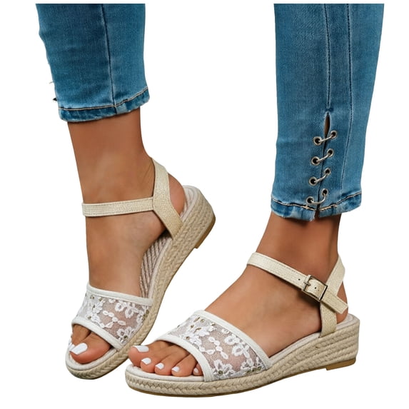 Rokment Women's Floral Embroidered Lace Espadrilles Wedge Sandals Bridal Beach Casual Mesh Open Toe Ankle Strap Platform Chunky Heels Dress Shoes Summer Boho Yellow Size 8