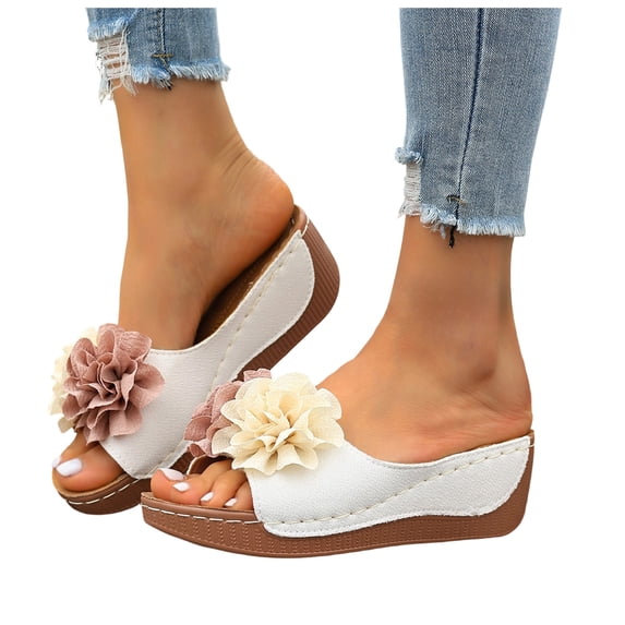 Rokment Women's Floral Orthopedic Platform Wedge Dress Backless Sandals 2026 Beach Bohemian Comfortable Leather Flower Arch Support Chunky High Heels Walking Slip on Summer Shoes White Size 6.5