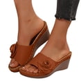 thumbnail image 1 of Rokment Women's Floral Platform Wedge Dress Slip on Sandals Boho Summer 3D Flower Leather Open Toe Comfortable Orthopedic Arch Support High Heels Walking Slides Slippers Brown Size 9.5, 1 of 6