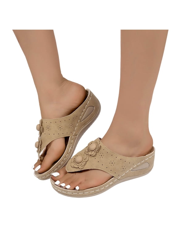 Women's Flower Orthopedic Wedge Flip Flops Boho Beach Summer Comfortable Leather Platform Thong Slip on Walking Sandals Fashion Casual Floral Chunky Mid Heel Dress Slides Khaki Size 6.5