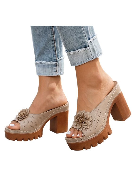 Women's Flower Platform Chunky Lug Heels Slip on Backless Dress Sandals Boho Beach Casual Leather Comfortable Walking Dressy Pumps Slides 2026 Summer Khaki Size 8