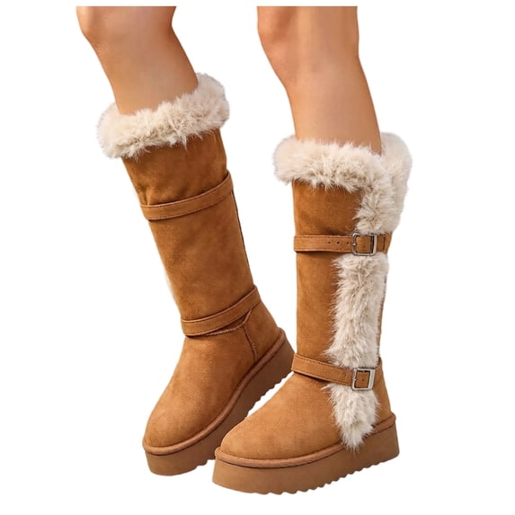 Rokment Women's Fuzzy Platform Mid Calf Snow Boots Fashion Casual Suede Buckles Calf Furry Winter Warm Chunky Dress Tall Boots in Cold Weather
