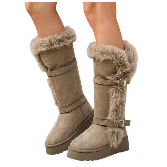 Rokment Women's Fuzzy Platform Mid Calf Snow Boots Fashion Casual Suede Buckles Calf Furry Winter Warm Chunky Dress Tall Boots in Cold Weather