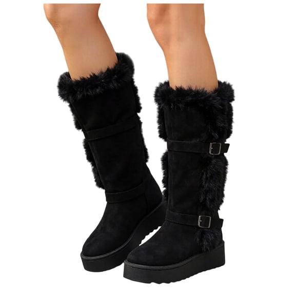 Rokment Women's Fuzzy Platform Mid Calf Snow Boots Fashion Casual Suede Buckles Calf Furry Winter Warm Chunky Dress Tall Boots in Cold Weather