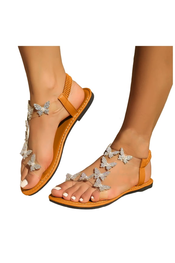 Women's Glitter Rhinestones Butterfly Flat Dress Sandals Bride Wedding Sparkly Open Toe No Heel Elastic Ankle Strap Slingback Dressy Summer Beach Shoes A Size 9.5