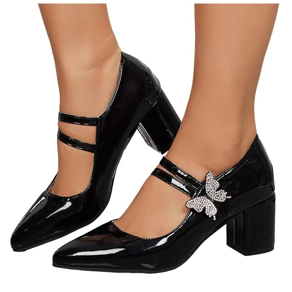 Rokment Women's Glitter Rhinestones Butterfly High Heels Dressy Shoes Bride Wedding Glossy Leather Pointed Toe Ankle Strap Chunky Block Heels Formal Business Dress Pumps Shoes Fall Black Size 6