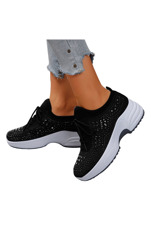 Women's Glitter Rhinestones Chunky Heels Walking Shoes Comfortable Knit Height Increasing Platform Wedge Slip on Fashion Sneakers for Nursing Non Slip Work Fall Casual Black Size 6