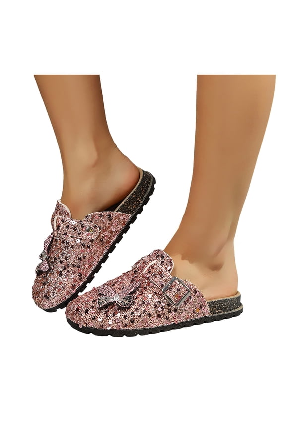Women's Glitter Rhinestones Sequin Butterfly Cork Footbed Dress Clogs Mules Bling Beach Casual Chunky Platform Closed Toe Slides Comfortable Walking Backless Sandals Red Size 8.5