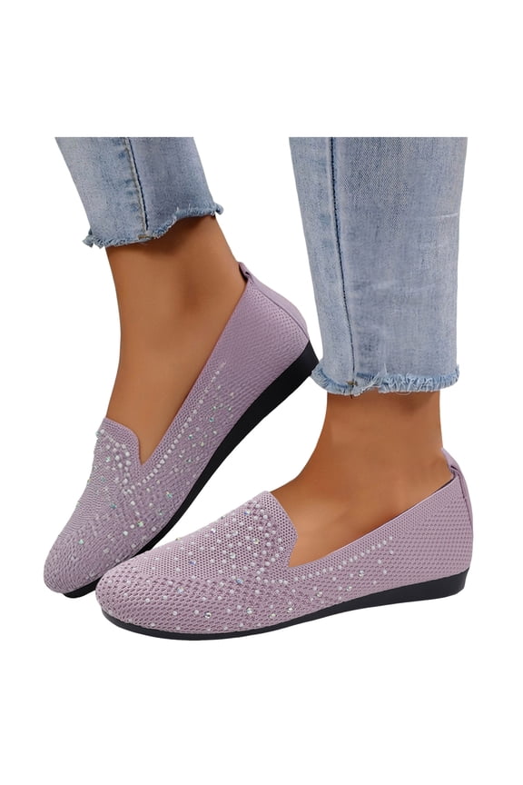 Women's Glitter Rhinestones Wedges Loafers Walking Shoes Sparkly Comfortable Knit Low Heel Slip on Casual Dress Sneakers Light Purple Size 9.5