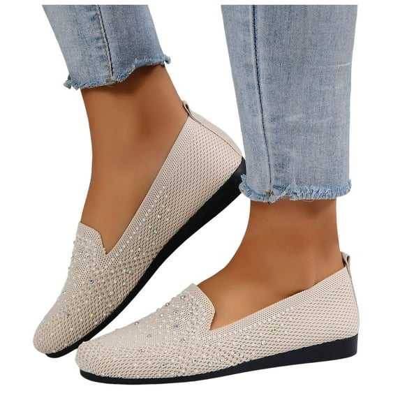 Rokment Women's Glitter Rhinestones Wedges Loafers Walking Shoes Sparkly Comfortable Knit Low Heel Slip on Casual Dress Sneakers Beige Size 6.5