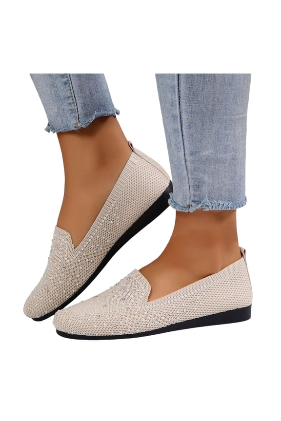 Women's Glitter Rhinestones Wedges Loafers Walking Shoes Sparkly Comfortable Knit Low Heel Slip on Casual Dress Sneakers Beige Size 6.5
