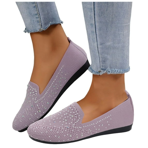 Rokment Women's Glitter Rhinestones Wedges Loafers Walking Shoes Sparkly Comfortable Knit Low Heel Slip on Casual Dress Sneakers Light Purple Size 9