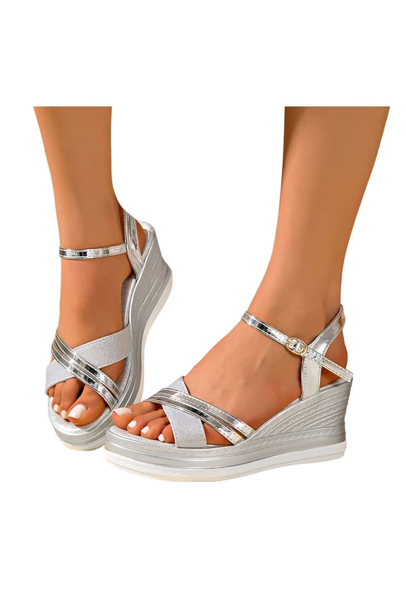Women's Glitter Sequin Metallic Dressy Sandals Delicate Elegant Cross-Band Open Toe Platform Wedge Summer Shoes for Bride Wedding Silver Size 6