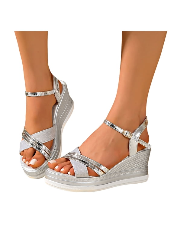 Women's Glitter Sequin Metallic Dressy Sandals Delicate Elegant Cross-Band Open Toe Platform Wedge Summer Shoes for Bride Wedding Silver Size 7