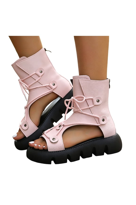 Women's Height Increasing Chunky Gladiator Sandals Combat Riding Boots Beach Fashion Casual Leather Hollow out Lace up Platform Wedge Comfortable Walking Summer Shoes Pink Size 6.5