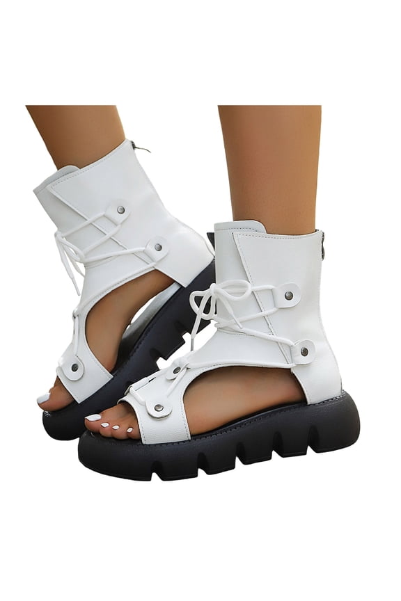 Women's Height Increasing Chunky Gladiator Sandals Combat Riding Boots Beach Fashion Casual Leather Hollow out Lace up Platform Wedge Comfortable Walking Summer Shoes White Size 7.5