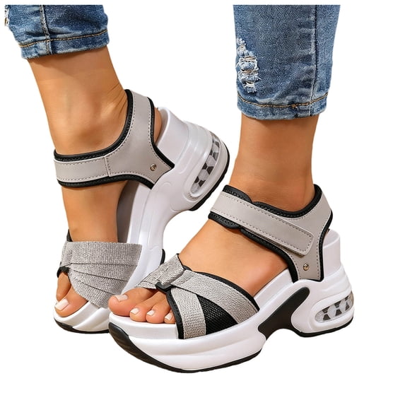 Rokment Women's Height Increasing Comfortable Walking Sandals 2026 Stylish Athletic Open Toe Ankle Strap Platform Non Slip Work Wedge Heels Chunky Summer Nursing Shoes Grey Size 7.5