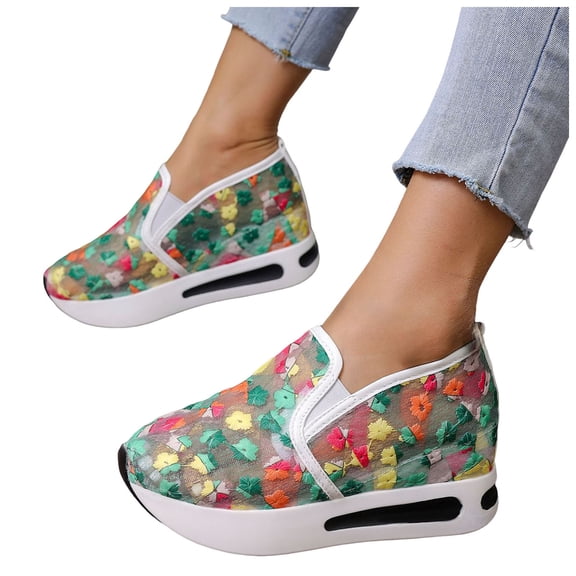 Rokment Women's Hidden Wedge Walking Shoes Breathable Mesh Embroidered Platform Chunky Height Increasing Slip on Fashion Sneakers Fall Casual Green Size 6