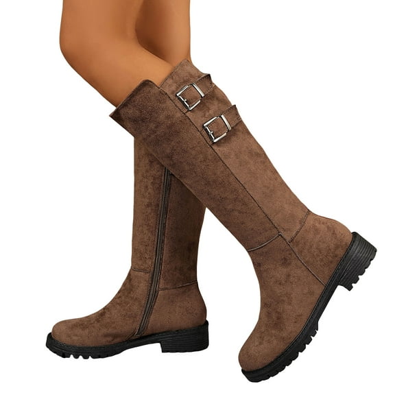 Rokment Women's Knee High Boots Fall Winter Fashion Leather Buckles Chunky Low Heel Motorcycle Riding Tall Combat Work Boots