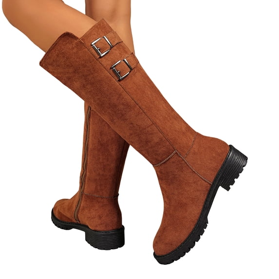 Rokment Women's Knee High Boots Fall Winter Fashion Leather Buckles Chunky Low Heel Motorcycle Riding Tall Combat Work Boots