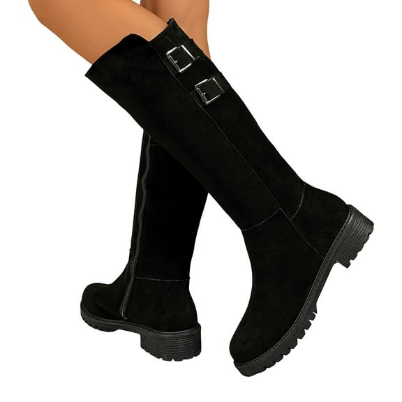 Rokment Women's Knee High Boots Fall Winter Fashion Leather Buckles Chunky Low Heel Motorcycle Riding Tall Combat Work Boots