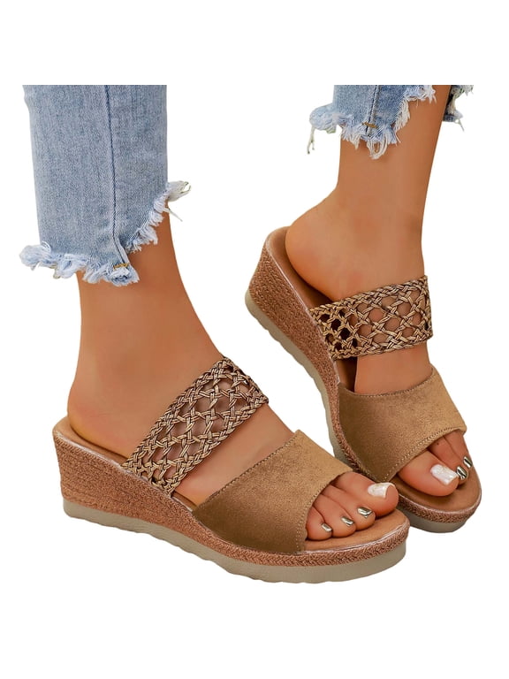 Women's Leopard Crochet Wedge Slip on Sandals Fashion Casual Leather Open Toe Platform Slides Boho Beach Summer Espadrilles Chunky High Heels Dress Slippers Brown Size 8