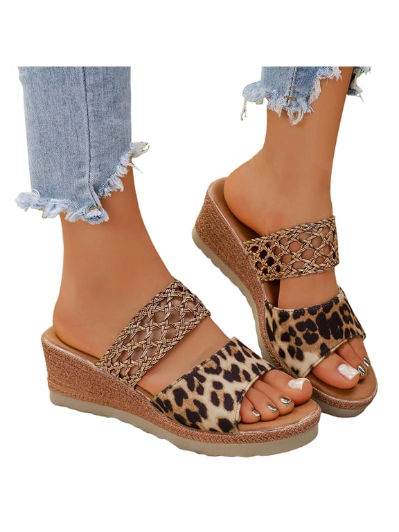 Women's Leopard Crochet Wedge Slip on Sandals Fashion Casual Leather Open Toe Platform Slides Boho Beach Summer Espadrilles Chunky High Heels Dress Slippers Camouflage Size 8